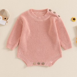 Achlibe Baby Girls Knitted Romper, Long Sleeve Crew Neck Solid Bodysuit Winter Sweater Infant Clothes (Pink, 9-12 Months)