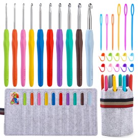 Kogyxe Crochet Hooks Set, 10 Sizes Ergonomic Crochet Hooks with Roll Felt Bag for Beginners, Ergonomic Handles for Arthritic Hands for Crocheting Yarn