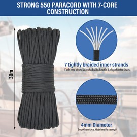 KNJOMZIE 30m Paracord 4mm 550 Seil, Typ III Schnur mit 7 Innensträngen, bis 250kg belastbar, Nylonschnur für Survival, Camping, Outdoor, Armband Basteln, Notfall Ausrüstung