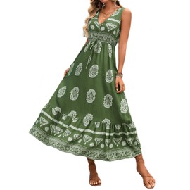 Green Floral Maxi Dress for Women Maxi Summer Floral Print Flowy V Neck Sleeveless Bohemian Beach Casual Travel Long Dresses 583 Green Floral S