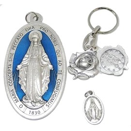 GTBITALY Set 003 Large Original Medal with Latin Prayer Beads Blue Enamel + Pink Keyring with Logo and Saints + Small Medal with Ring