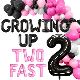 Pink Two Fast Birthday Decorations Growing Up Two Fast Backdrop Number 2 Balloons Racing Car 2nd Birthday for Racing Car Party