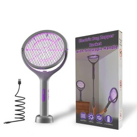 Electric Fly Swatter Racket, Rechargeable Bug Zapper Racket with 90° Rotating Head, Telescopic Extension Handle, 3500VDC Grid, 3-Layer Safety Mesh, Gray Fly Zapper for Indoors Outdoor Use