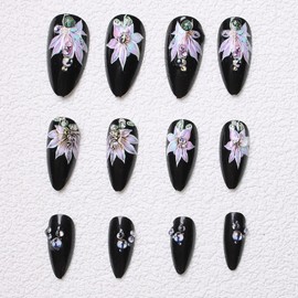 TBRZTR 24Pcs Black Press on Nails Almond Shaped Medium Flower with Rhinestones Design Full Cover Glossy Almond Fake Nail Reusable Artificial Stick on Nail Acrylic Press Ons Glue on Nail for Women