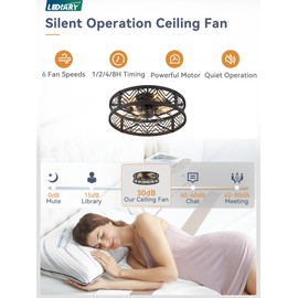 LEDIARY 20" Caged Ceiling Fan with Light, Small Flush Mount Ceiling Fan with App&Remote, Low Profile Bladeless Ceiling Fan for Bedroom, Kitchen, Dining Room-Black