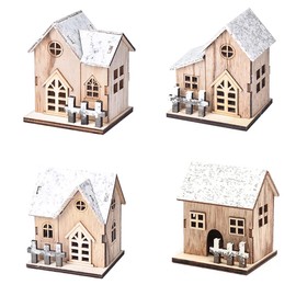 Kraeoke Decorative Christmas House, 4 Pieces, Christmas Luminous Wooden House, LED Christmas House, Christmas Lighting, DIY Wooden Chalet, Christmas Tree Decoration, Small Wooden House, Wood Colour