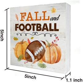 Rustic Fall and Football Wood Box Sign Fall Pumpkins Football Autumn Wooden Box Sign Thanksgivings Sign Farmhouse Home Desk Shelf Decor (5 X 5 Inch)