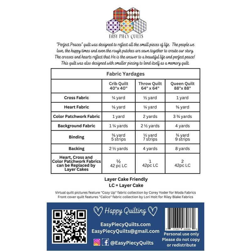 Easy Piecy Quilts LLC Perfect Peaces Quilt Pattern, Multi