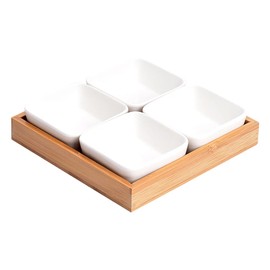 WENMAQIN Ceramic Snack Bowls with Bamboo Tray Set,Divided Serving Bowls and Platters for Hosting & Party,Removable Serving Dishes for Chips and Dip,Fruit,Veggies,Candy and Snacks Kitchen Decor (4)