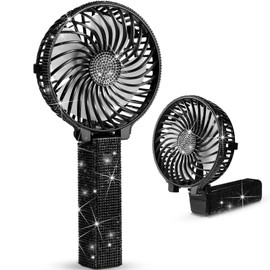 Mudder Rhinestone Handheld Fan Crystal Bling Mini Personal Fan Glitter Bedazzled Portable USB Rechargeable & Battery Operated for Girls Women Outdoor Travel Indoor Makeup Office(Black,Foldable)