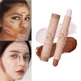 Cream Contour Stick, Dual-Ended Highlighter Stick, Long-Lasting, Waterproof, Face Contour Makeup for All Skin Tones, Easy to Blend, Achieve a Flawless Look(LIGHT BEIGE, LIGHT BROWN)