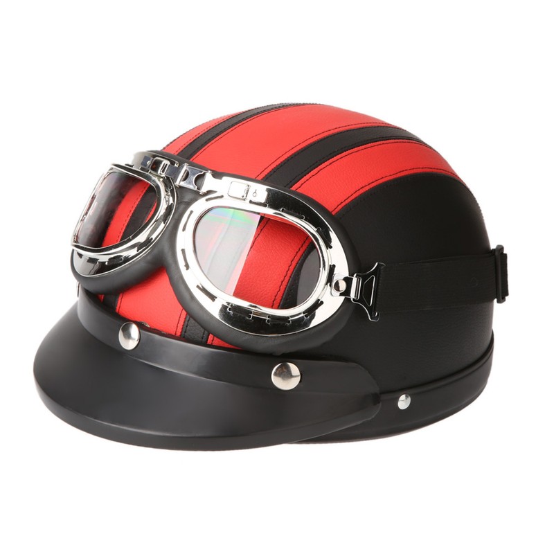 Motorcycle Scooter Open Face Half Leather Helmet with Visor UV
