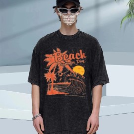2025 Summer Mens Cotton Tshirt 100 Cotton Oversized Washed Soft 5 Colors USColor: Brown, Size: M