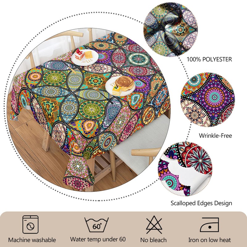 iEvery Boho Wipeable Tablecloth Rectangular, Mandala Polyester Waterproof Table Cloth