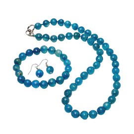 TreasureBay Womens Handmade Beaded Gemstone Necklace Bracelet Earrings Set - 10mm Natural Multicolour, Black, Green, Deep Rose Agate Necklace Set For Women (Blue)