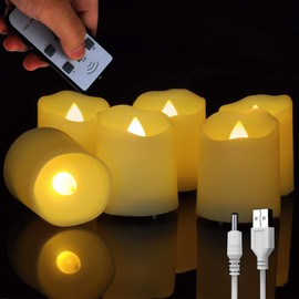 FREEPOWER Rechargeable Realistic Flameless Flickering Tea Light Candles Battery Operated, with Remote Control Cycling 24 Hours Timer, for Romantic Home, Christmas Decoration,Pack of 6.