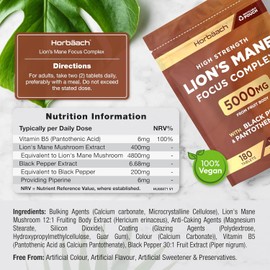 Lion's Mane Supplement 5000mg | Enhanced with Black Pepper & Pantothenic Acid | Focus & Brain Support Complex | 180 Vegan Tablets | by Horbaach