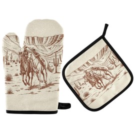 Kcldeci American Wild Western Desert Cowboy Oven Mitts and Pot Holders Kitchen Oven Glove BBQ Gloves for Cooking/Kitchen/Baking, Pack of 2