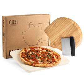 Cuzi Gourmet 3-Piece Pizza Stone Set - 15x12" Thermal Shock Resistant Cordierite Pizza Stone, 15x12" Natural Wood Pizza Peel & Pizza Cutter - Pizza Stone for Grill and Oven