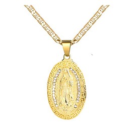 18K Gold Plated Flat 3MM Virgin Mary Guadalupe Charm Chain Pendant Necklace Christian Jewelry, Stainless Steel, Cubic Zirconia