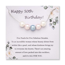 50th Birthday Pearl Necklace for Women Novelty 50 Years Old Birthday Gifts for Women Sister Mom 50 Years Old Birthday Gifts for Woman Cute White Pink Blue Pearl Necklace Choker Dainty Adjustable