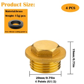 Pack of 4 Brass Plugs, 1/2 Inch Male Thread Sealing Plug, Brass Plug with Rubber Ring, Blanking Plug Pipe End Cap with Rubber Ring for Pipe Connection, Heating and Drinking Water System Suitable