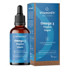 Vegane Omega-3 Tropfen mit DHA & EPA – Algenöl Hochdosiert & Ohne Fisch – Flüssiges Omega 3 für Gehirn, Herz & Augen – 100% Pflanzlich, Vegan & Nachhaltig – VitaminFit, 50ml