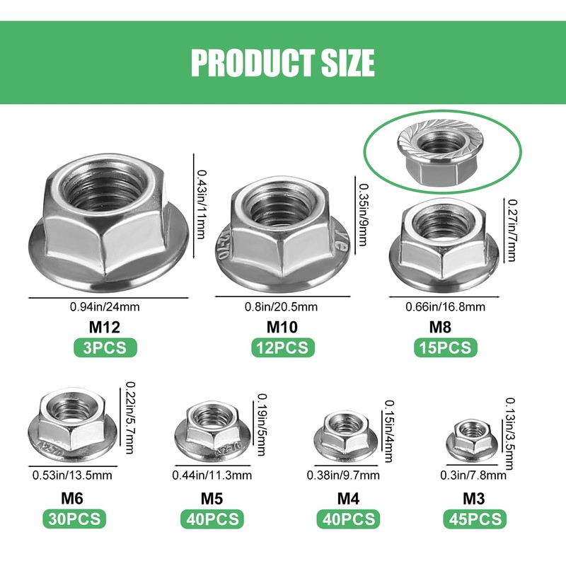 Pack of 185 Flange Nuts, Hexagonal Flange Nuts with Flange