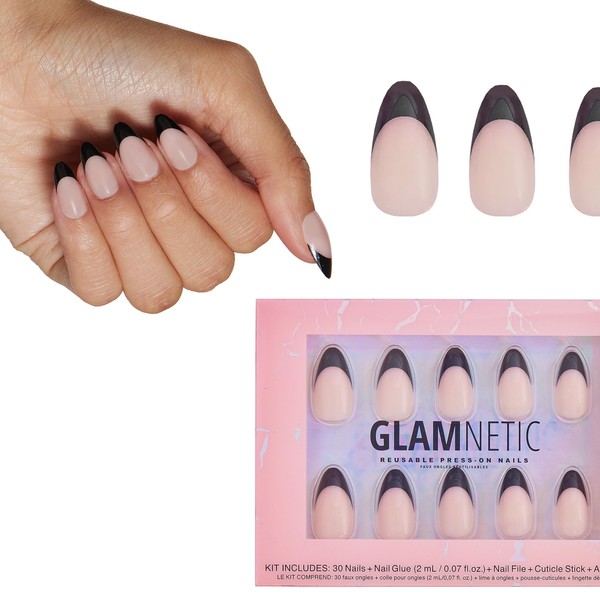Glamnetic Press On Nails - Caviar | Semi-Transparent, Short Almond Nails, Reusable | 15 Sizes - 30 Nail Kit with Glue