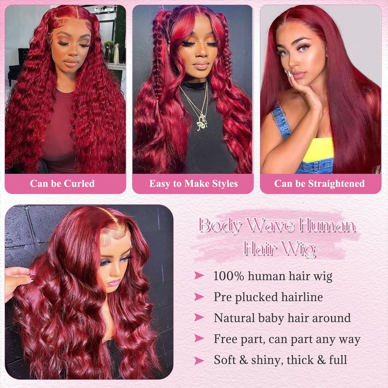 Benafee 99J Burgundy Lace Front Wigs Human Hair Body Wave