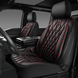 CAR PASS Piping Luxury PU Leather Two Front Car Seat Covers, Waterproof Anti Slip Seat Covers Compatible with Front Seat Armrests,Universal Fit for Suvs,Vans,Trucks,Airbag Compatible(Black and Red)