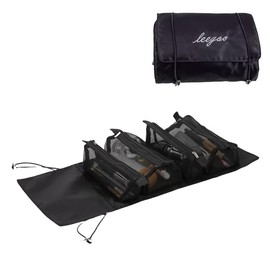 Large Capacity Hanging Roll-Up Travel Toiletry Organiser Bag with 4 Detachable Removable Zipper Mesh Compartments Black