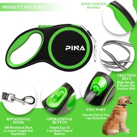 PINA Retractable Dog Leash, 26ft Dog Leash for Small Medium Large Dogs Up to 110lbs, 360° Tangle-Free Strong Reflective Nylon Tape, with Anti-Slip Handle, One-Handed Brake, Lock - Black Green