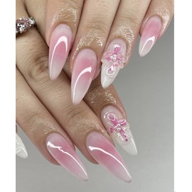 Almond Press On Nails, Pink Ombre with 3D Floral Design, Medium Stiletto Shape