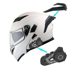 1Storm Motorcycle Modular Full Face Flip up Dual Visor Helmet + Spoiler Bundle with Freedconn Motorcycle Bluetooth Headset: HB89 Glossy White