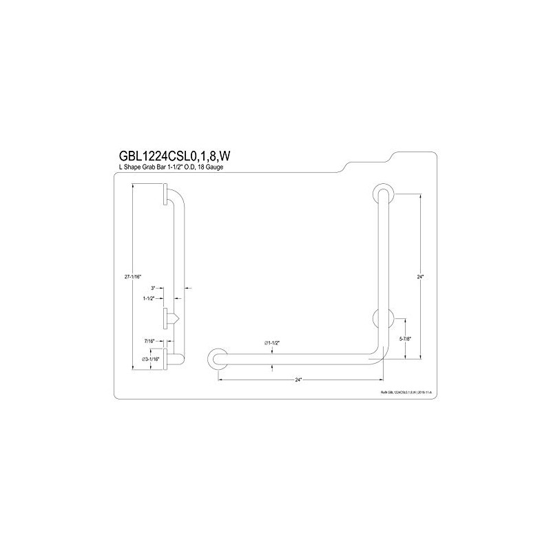 Kingston Brass GBL1224CSL8 24"x 24" L-Shaped Grab Bar - Left