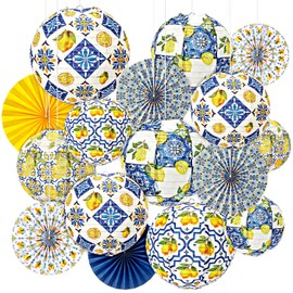 Baquler 24 Pcs Capri Lemon Party Decor Amalfi Coast Mediterranean Blue Yellow Lemon Decor with 12 Paper Lanterns and 12 Hanging Fans for Birthday Bridal Shower Baby Shower Italian Summer Party Wedding