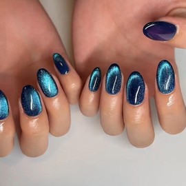 Cat Eye False Nails - Blue Oval Press On Nails - Glossy Glitter Blue Fake Nails with Glue - Acrylic Full Cover Almond Cateye Stick on nails for Women Girls Nail Art DIY