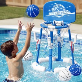 HYES 2 in 1 Pool Basketball Hoop, Floating Pool Toys with 4 Balls/8 Ring Toss Game for Kids Ages 4-8, Indoor Outdoor Water Basketball for Poolside Family Party for Adults Kids 8-12, Blue