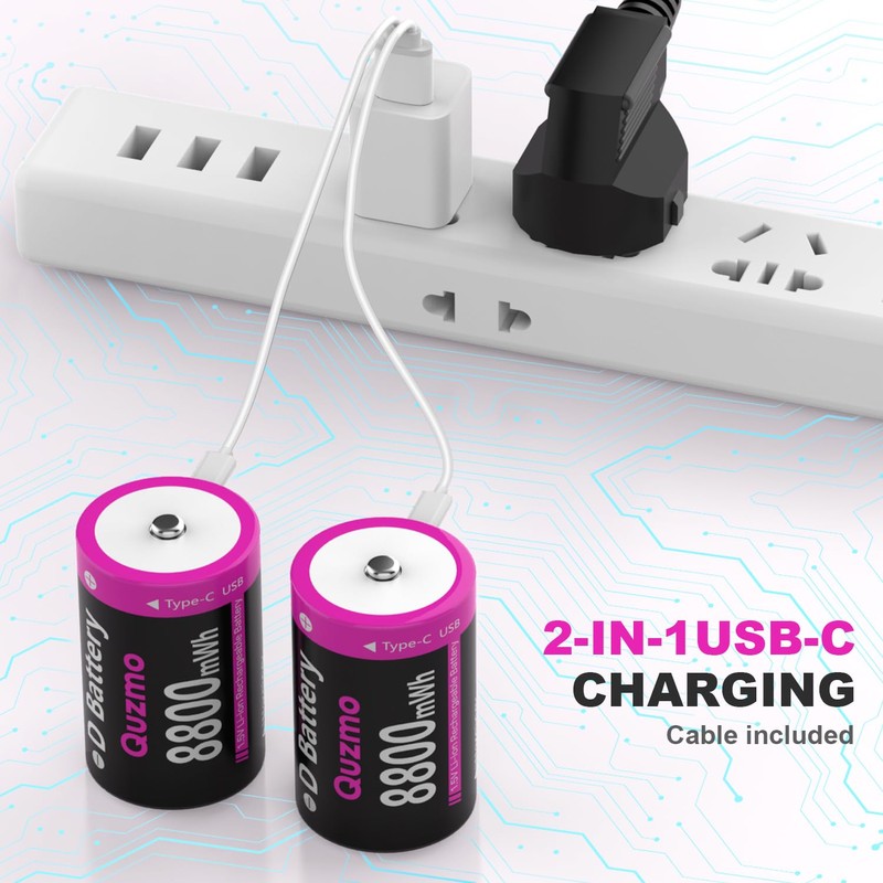 Quzmo Rechargeable Lithium D Batteries, 8800mWh 1.5V D Cell Battries
