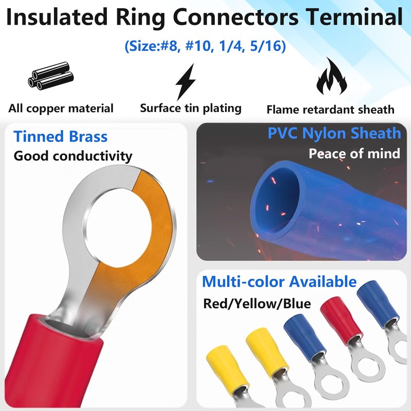 smseace 300pcs 12-Sizes(M4/M5/M6/M8) Insulated Ring Terminals 22-16/16-14/12-10AWG Electrical Crimp Terminal