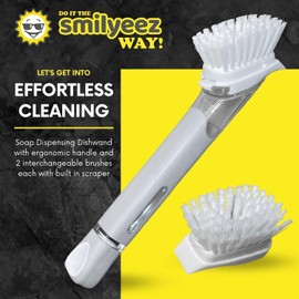 Smilyeez Soap Dispensing Dishwand (Grey) with Ergonomic Handle and 2 Interchangeable Brushes - Effortless Cleaning and Long-Lasting Durability - Kitchen and Dishwashing Essential