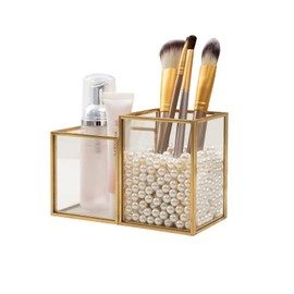 HARLIANGXY Make up brush holder, gold, cosmetic brush holder, make-up organiser, cosmetic organiser, glass cosmetic brush container with copper edge, make-up brush storage, cosmetic storage