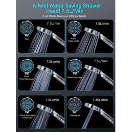 YEAUPE Duschkopf mit Schlauch 1,8m, YEAUPE mit Filter, Regendusche mit 6 Strahlarten, wassersparend, Gro?, Antikalk-Funktion Chrom