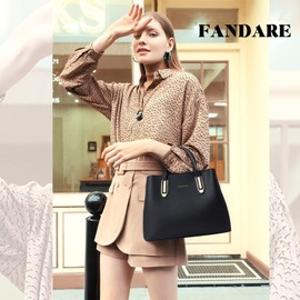 FANDARE Elegant Handbags Shoulder Bags Women Plain Multi Pockets Top Handle Bags Large Capacity Waterproof PU Leather 10.5 inch Laptop Tote for Commute Shopping Travel Office Business Black