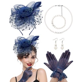 Bniksok 1920s Navy Blue Fascinators Hat Set for Women Tea Party Hats Veil Mesh Feather Headband Lace Gloves Set