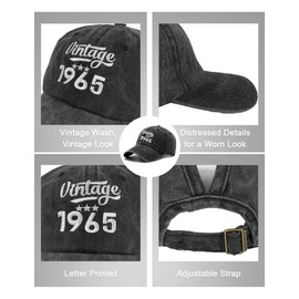 Joligiao 100% Cotton Baseball Cap for Unisex Vintage Summer Lightweight Cap Adjustable Sun Hat 1945/1955/1965/1975/1985/1995 Birthday Gifts for Men/Women(Black-60th)