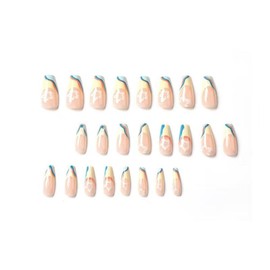 French Tip Press on Nails Yellow Blue Fake Nails with White Flower Design Nude Glossy Glue on Nails Medium Coffin False Nails Artificial Acrylic Full Cover Stick on Nails for Women Manicure 24Pcs
