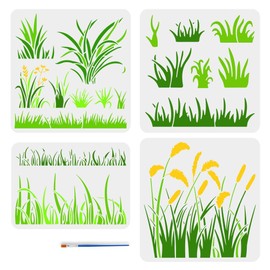 FINGERINSPIRE Set of 4 Painting Stencils with Grass and 1 Plastic Brushes, 4 Styles, Reusable Drawing Template with Reed Grass, Plant Motif, Grass Pattern Stencil for Painting Walls, Wooden Furniture