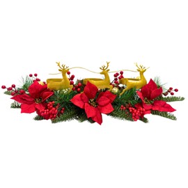 Christmas Poinsettia Candle Holder Table Centerpiece with Metal Deer Reindeers Figurine Silhouette Red Berries and Pine Needles for Home Party Table Mantel Christmas Decorations